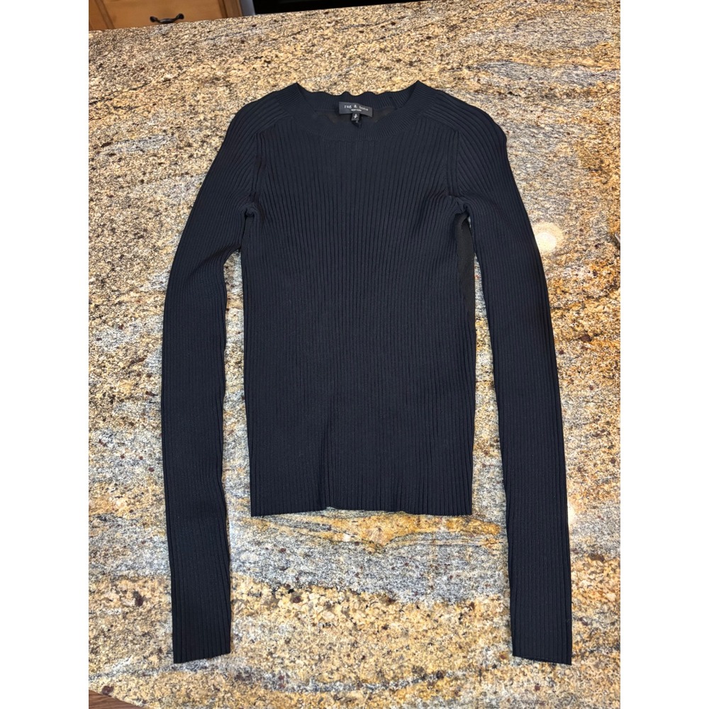 Rag & Bone Black Ribbed Knit‎ Long Sleeve Sheer Back Top Small